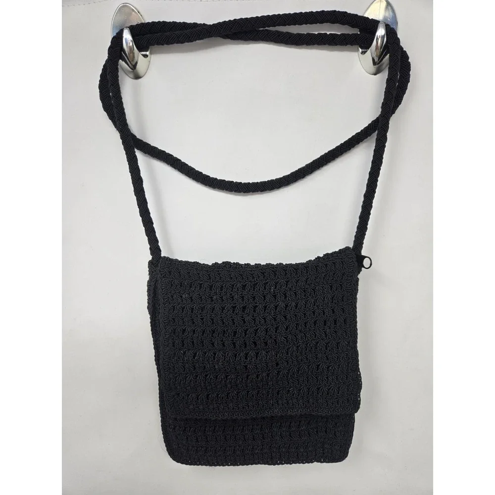 Kathie‎ Lee Collection Crocheted Black Purse Hippie Boho Black Shoulder Bag VTG